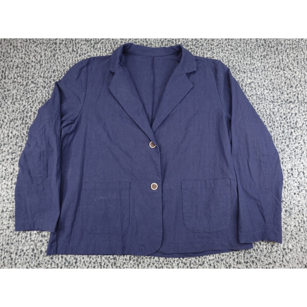 Unbranded Blazer Women XXL Navy Blue Cotton Linen Blend Casual Patch Pocket